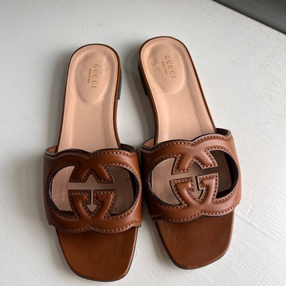 Gucci Brown Leather Sandals with Iconic GG Logo